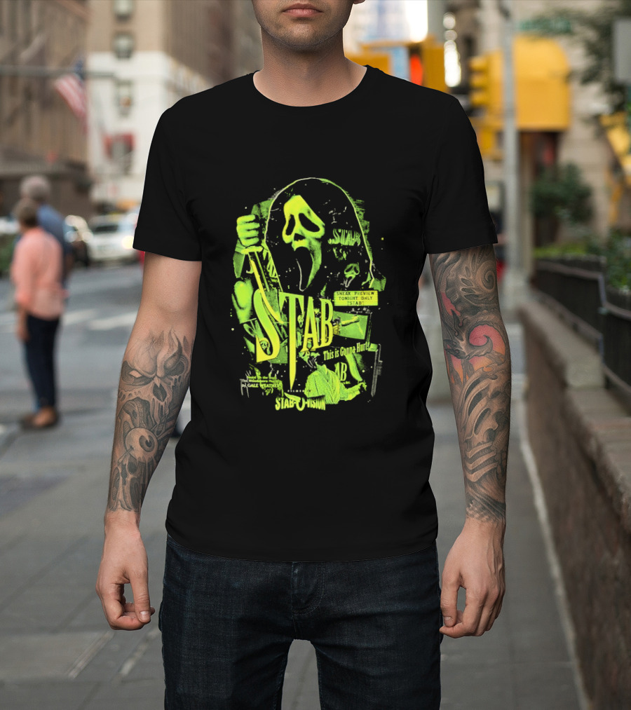 Ghostface Stab O Vision Horror Movie Mask Knife Graphic Neon T-Shirt