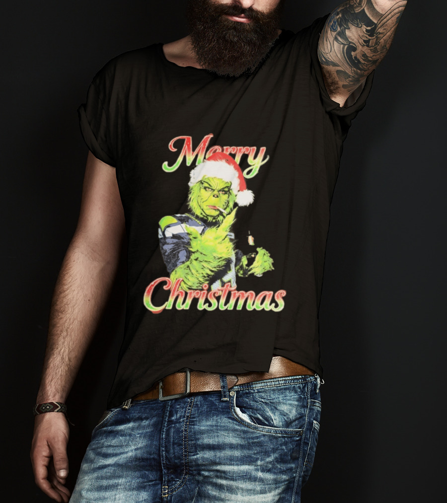 Merry Christmas Seattle Seahawks Grinch Beer Middle Finger T-Shirt