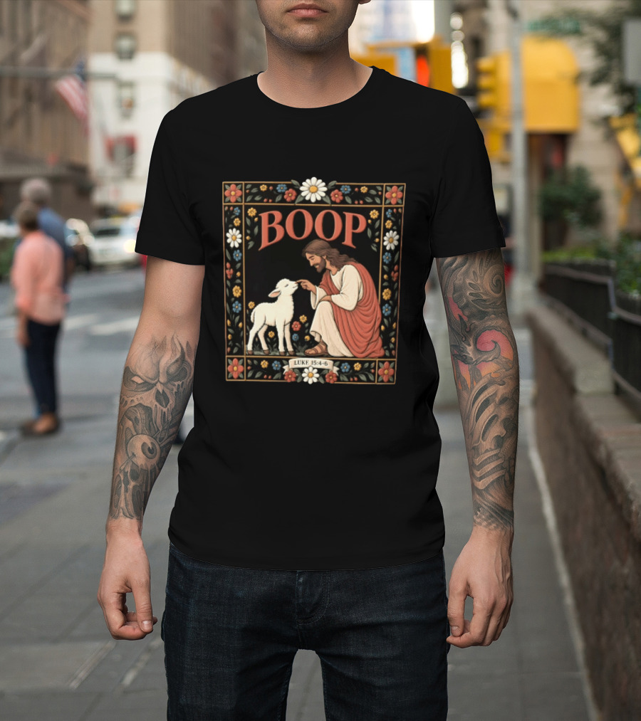 BOOP Luke 15:4 6 Jesus Kneeling Touching Nose Of White Lamb T-Shirt