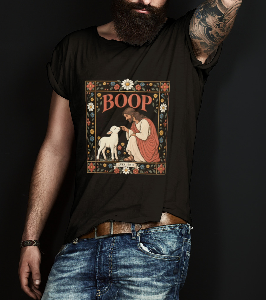 BOOP Luke 15:4 6 Jesus Kneeling Touching Nose Of White Lamb T-Shirt