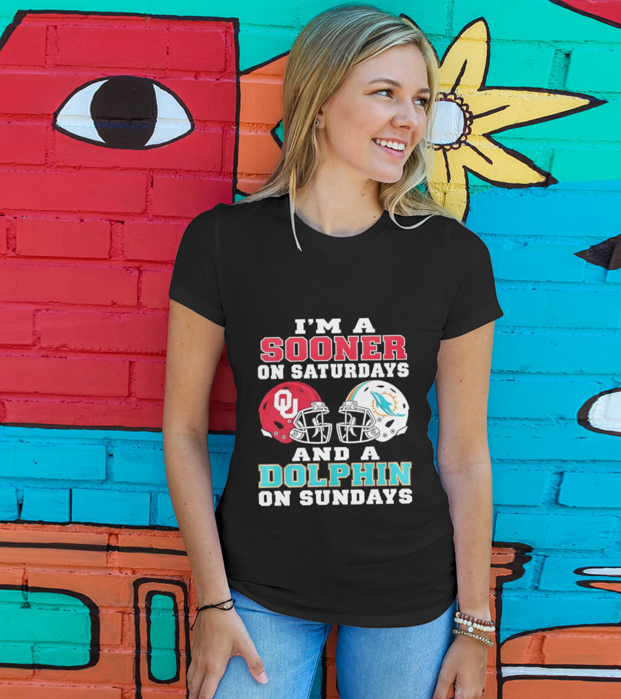 I'm A Sooner On Saturdays And A Dolphin On Sundays Football Helmets OU Miami T-Shirt