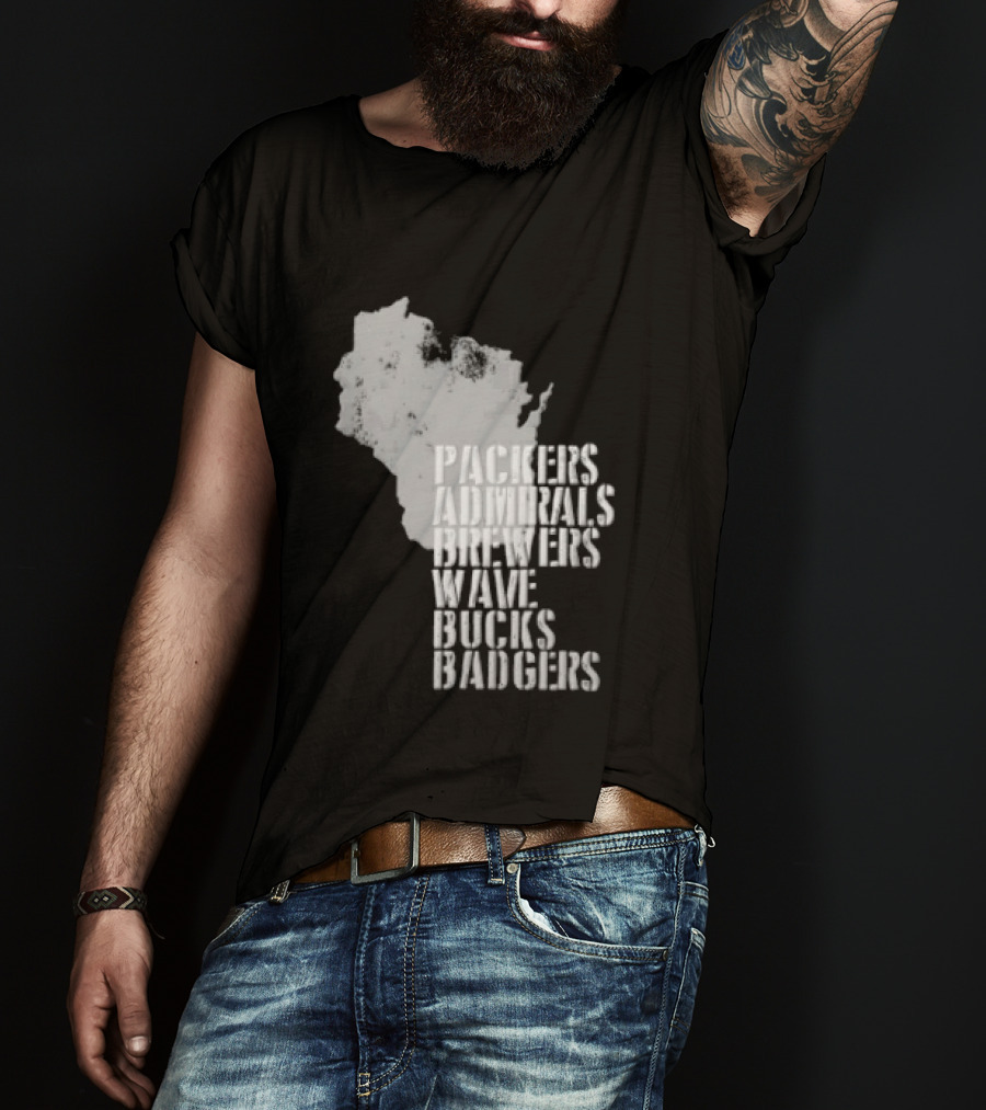 Packers Admirals Brewers Wave Bucks Badgers Wisconsin State Map Stencil T-Shirt