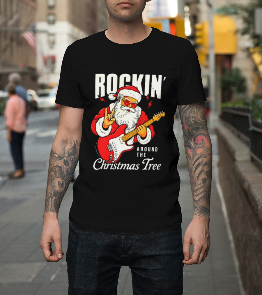 Rockin' Santa Christmas Tree Guitar Holiday T-Shirt