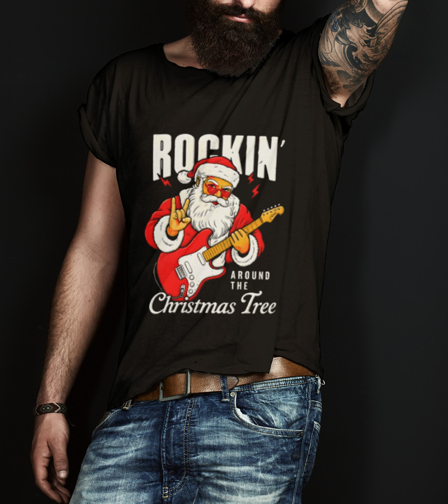 Rockin' Santa Christmas Tree Guitar Holiday T-Shirt