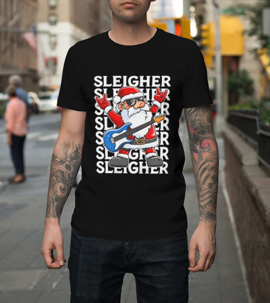 Sleigher Christmas Santa Rocking Guitar Holiday T-Shirt