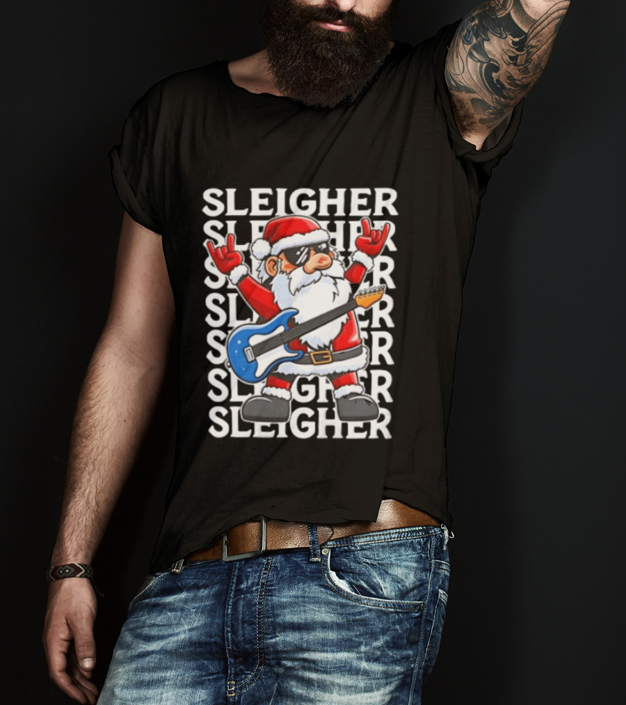 Sleigher Christmas Santa Rocking Guitar Holiday T-Shirt
