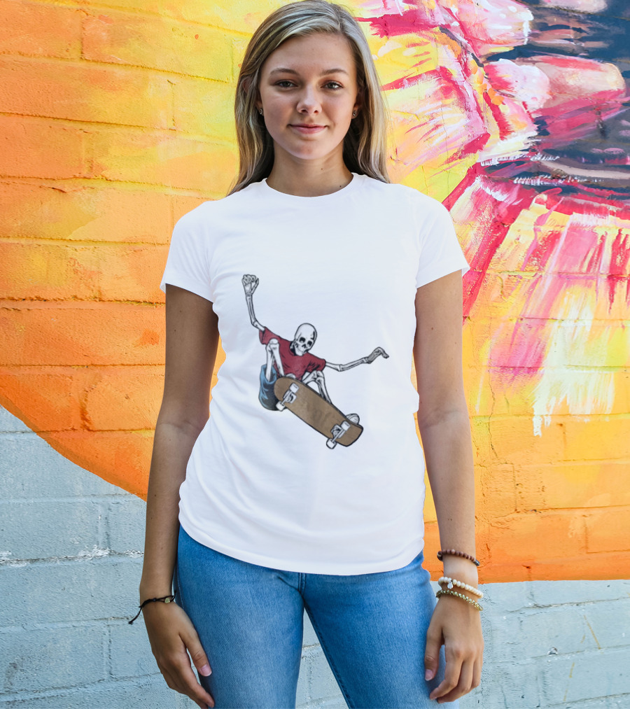 Skeleton Red Skateboard Stunt T-Shirt