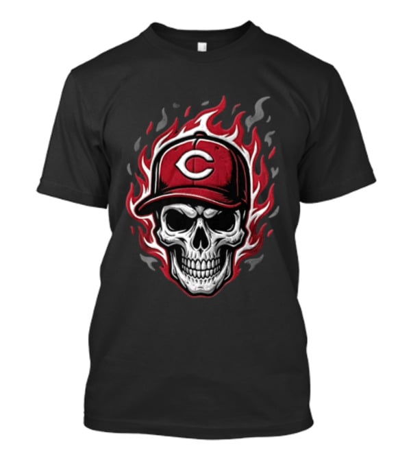 Cincinnati Reds Skull In Baseball Cap With Flames T-Shirt