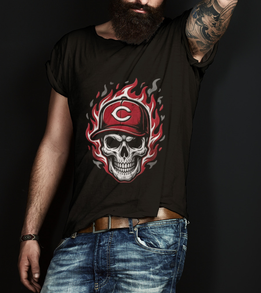 Cincinnati Reds Skull In Baseball Cap With Flames T-Shirt