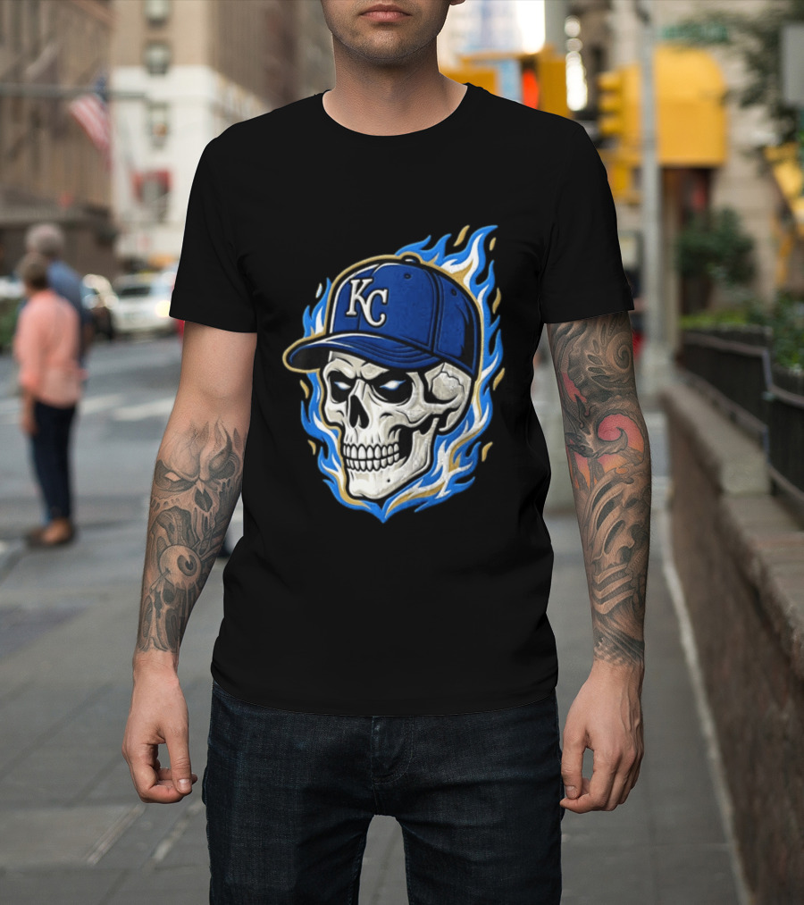 Kansas City Royals Skull Baseball Cap Flame T-Shirt