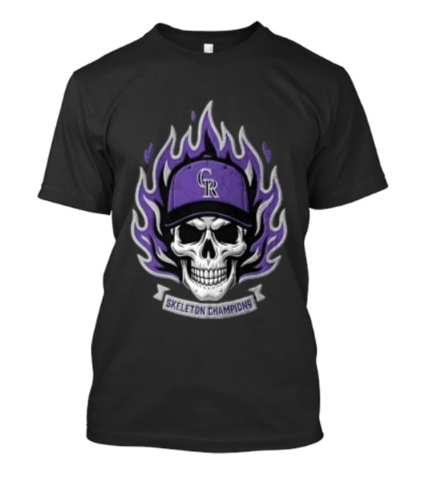 Colorado Rockies Skeleton Champions Skull In Baseball Cap With Purple Flames T-Shirt