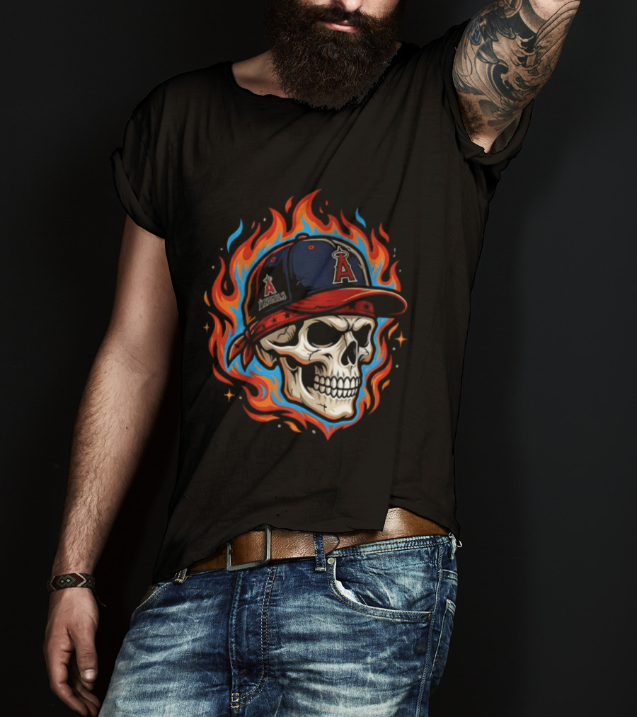 Los Angeles Angels Skull In Baseball Cap With Flames T-Shirt