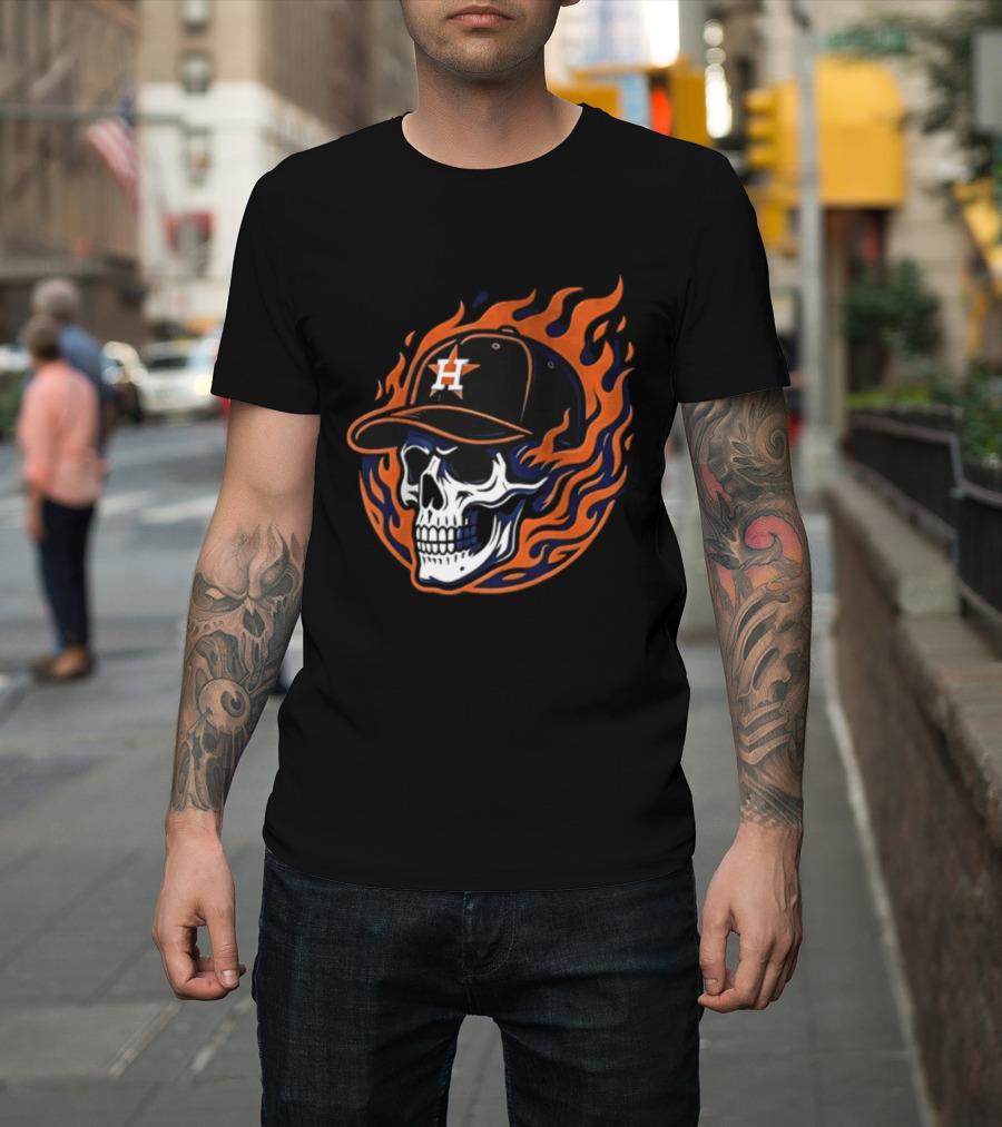 Houston Astros Skull Cap Flames Jesus Trophy T-Shirt