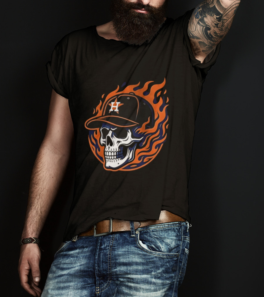 Houston Astros Skull Cap Flames Jesus Trophy T-Shirt