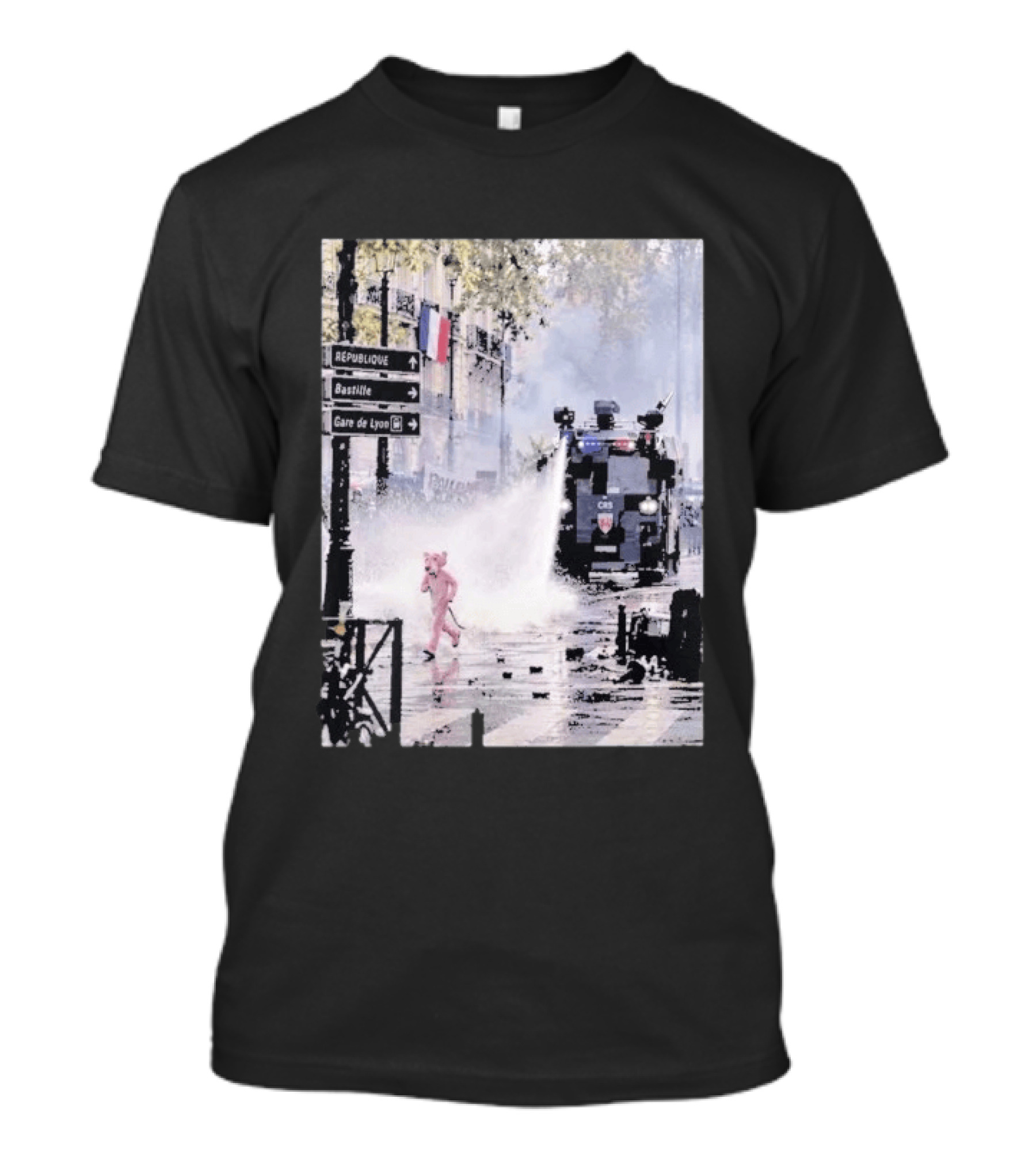 Pink Panther France 2026 Running Through Streets Under Riot Control Water Cannon T-Shirt