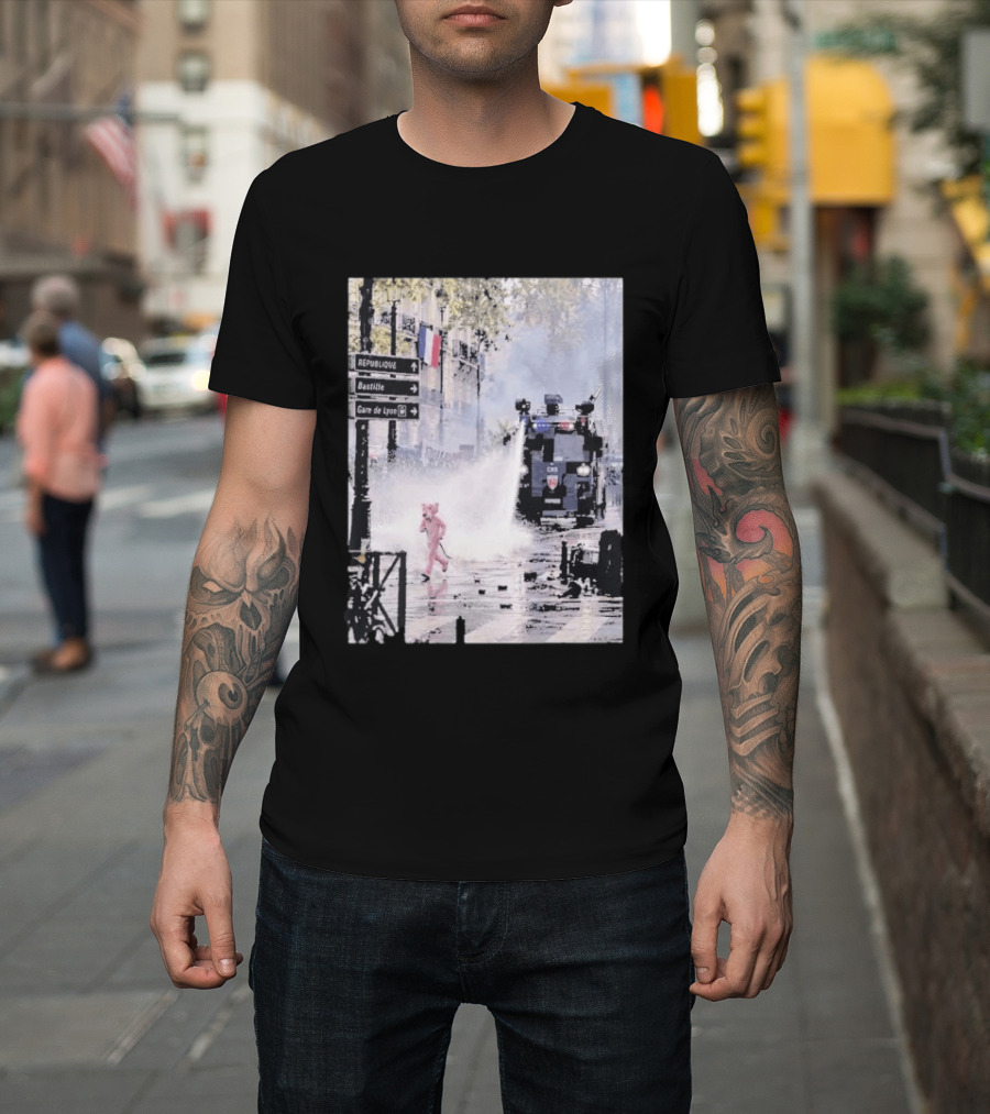 Pink Panther France 2026 Running Through Streets Under Riot Control Water Cannon T-Shirt