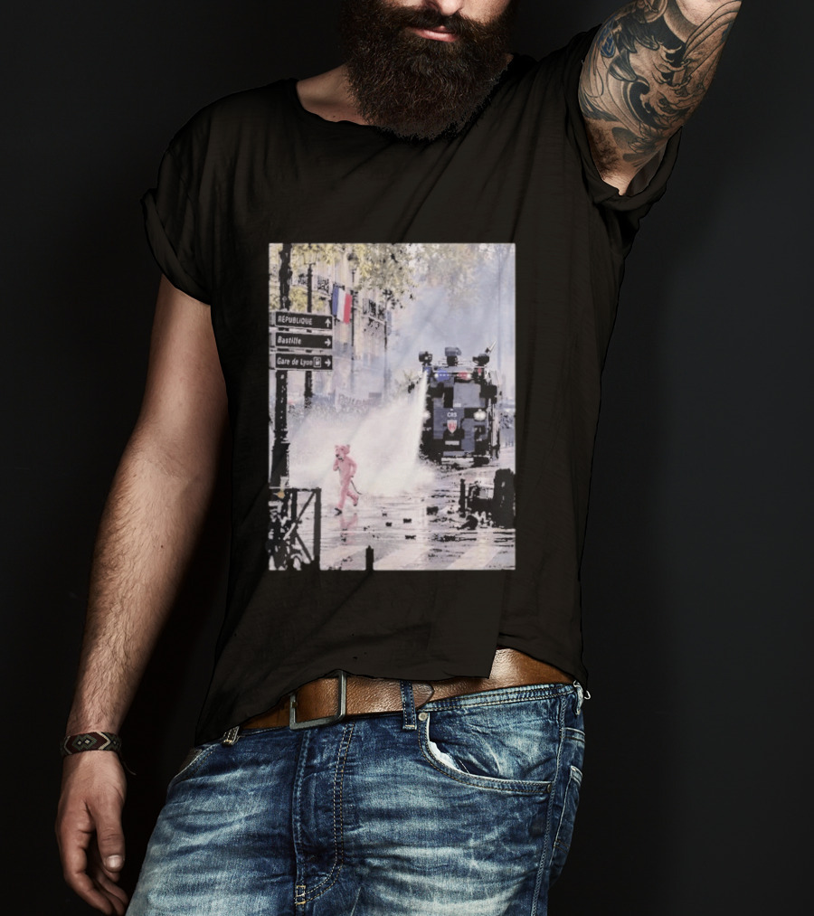 Pink Panther France 2026 Running Through Streets Under Riot Control Water Cannon T-Shirt