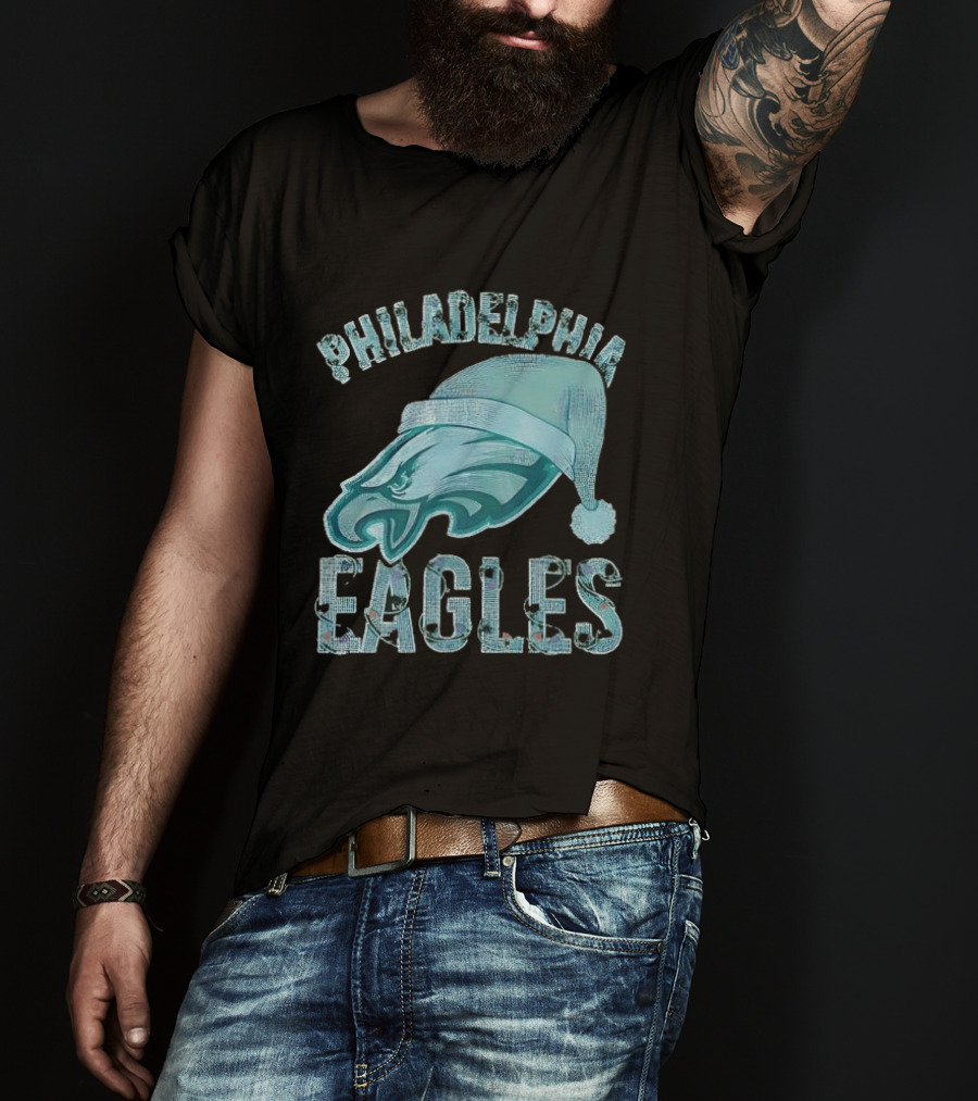Philadelphia Eagles Festive Holiday Stone Studded Santa Hat T-Shirt