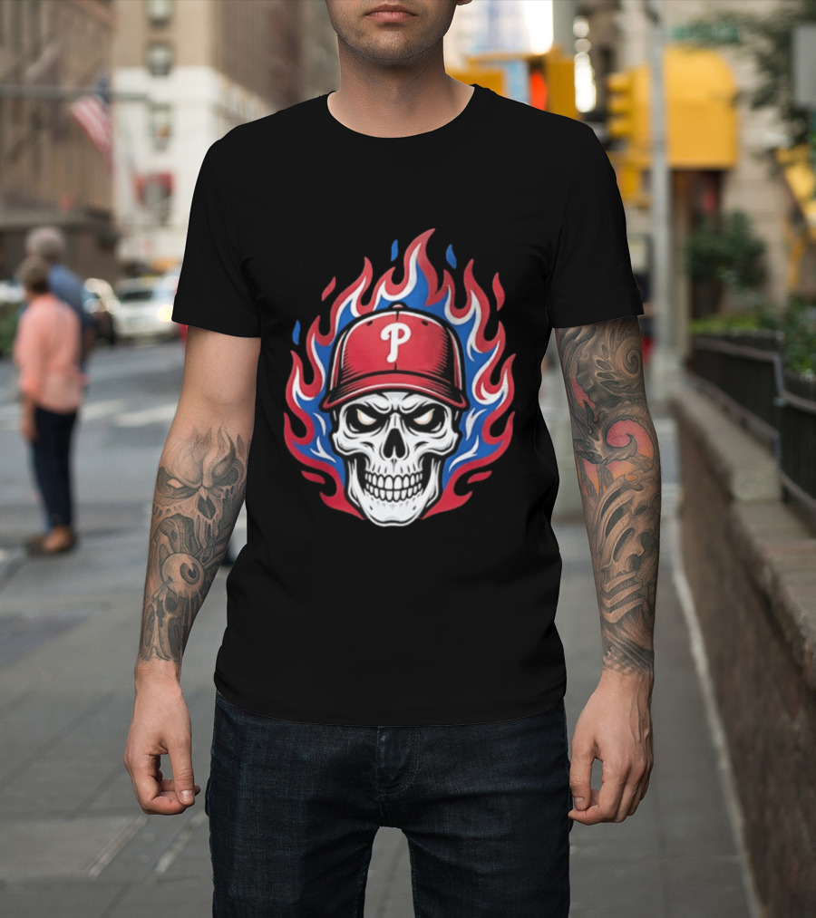 Philadelphia Phillies Skull Baseball Cap Flames T-Shirt