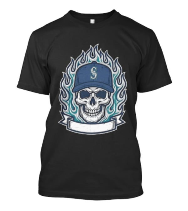Seattle Mariners Skull Cap Flames Skeleton Angel Cross Wreath T-Shirt