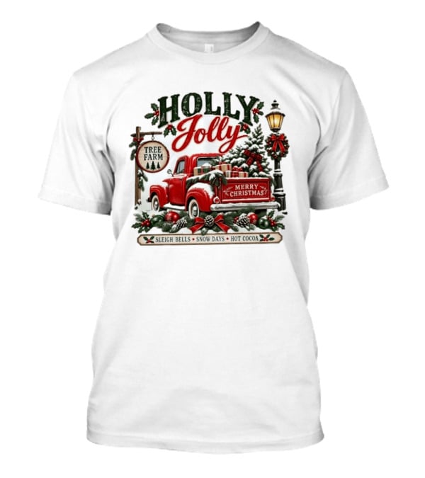 Holly Jolly Red Truck Merry Christmas Tree Farm Sleigh Bells Snow Days Hot Cocoa T-Shirt