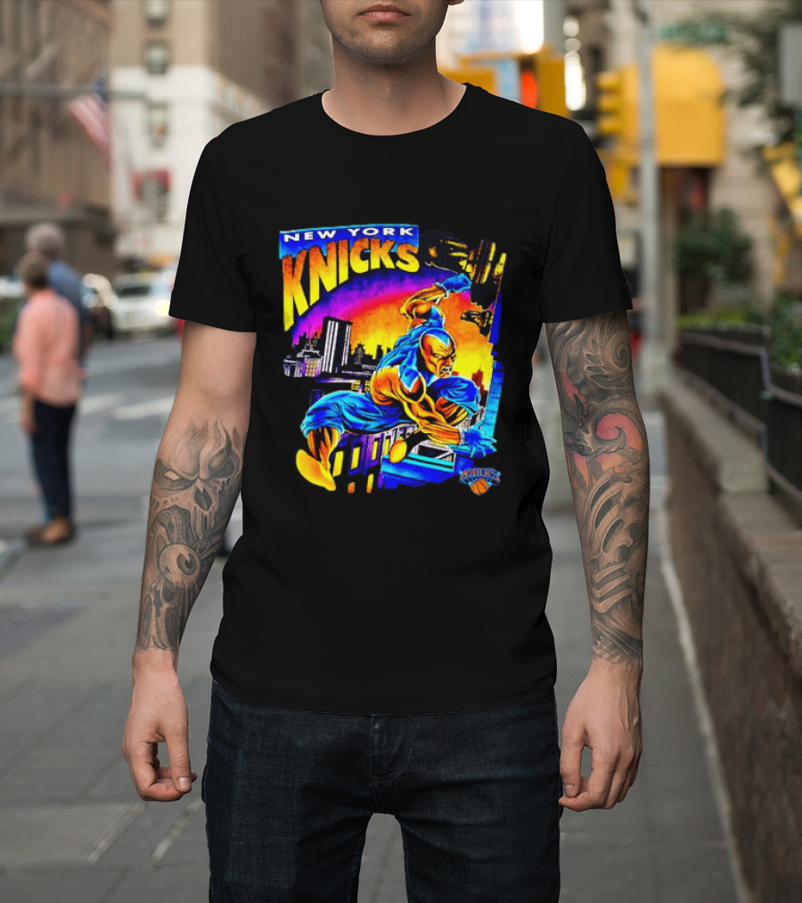 New York Knicks Superhero Action Skyline Scene T-Shirt