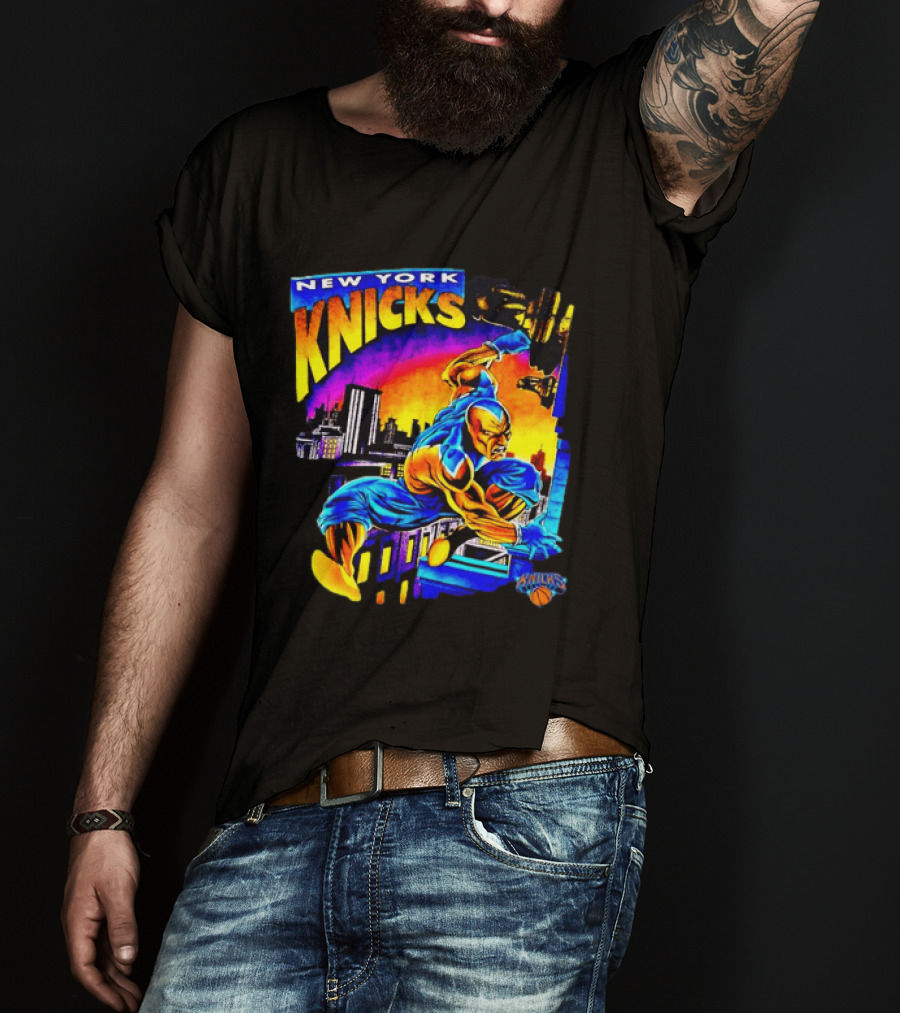 New York Knicks Superhero Action Skyline Scene T-Shirt