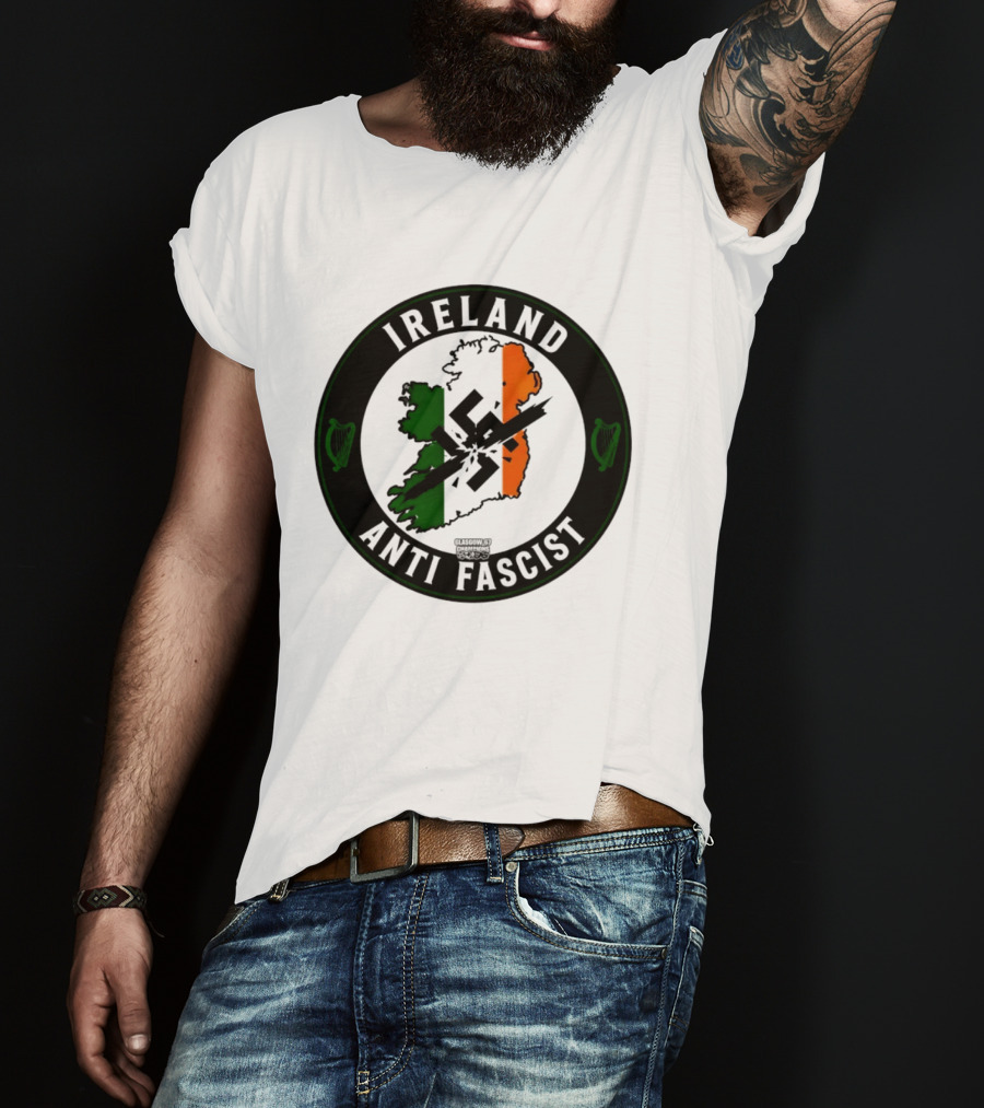 Ireland Anti Fascist Map Design With Tri Color Stripes And Crossed Out T-Shirt