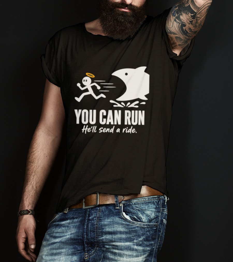 Angel Fleeing Shark You Can Run He'll Send A Ride Humor T-Shirt