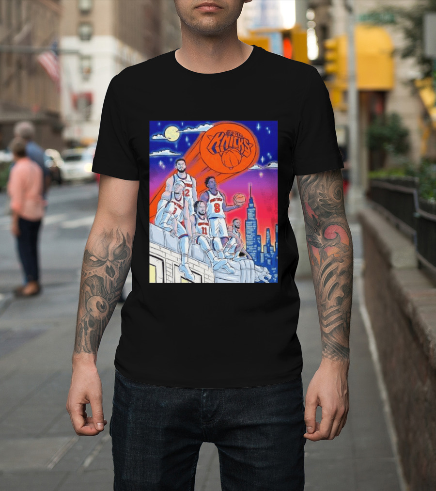 New York Knicks Jalen Brunson Julius Randle Mikal Bridges Basketball City Skyline T-Shirt