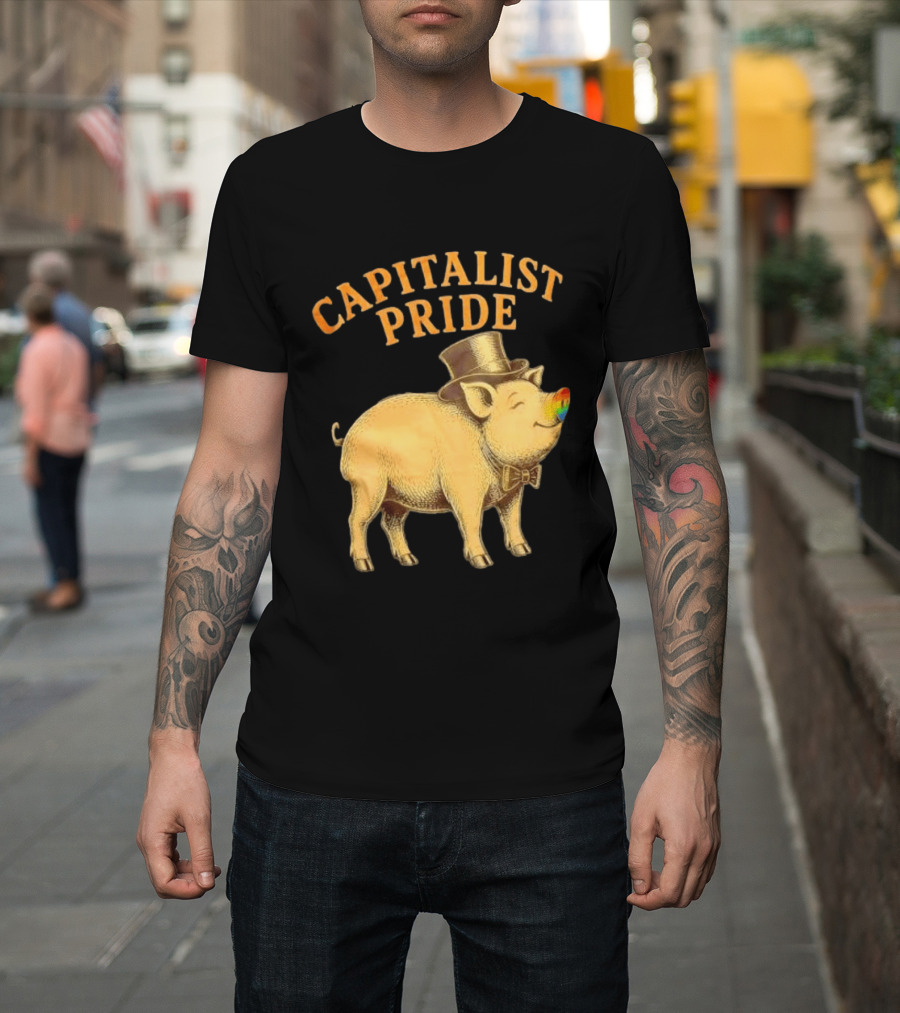 Capitalist Pride Pig With Rainbow Nose And Top Hat Bow Tie T-Shirt