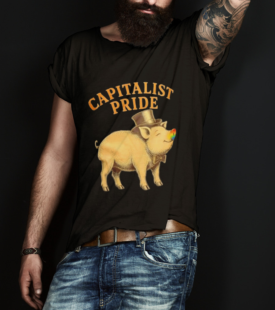 Capitalist Pride Pig With Rainbow Nose And Top Hat Bow Tie T-Shirt
