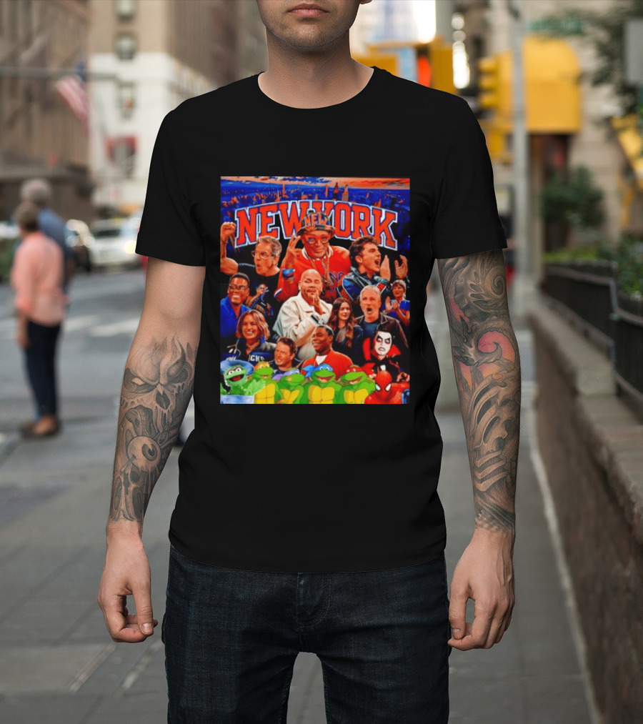 New York Knicks Fans Spike Lee Ben Stiller Timothee Chalamet Chris Rock Featuring Ninja Turtles And Spider Man T-Shirt