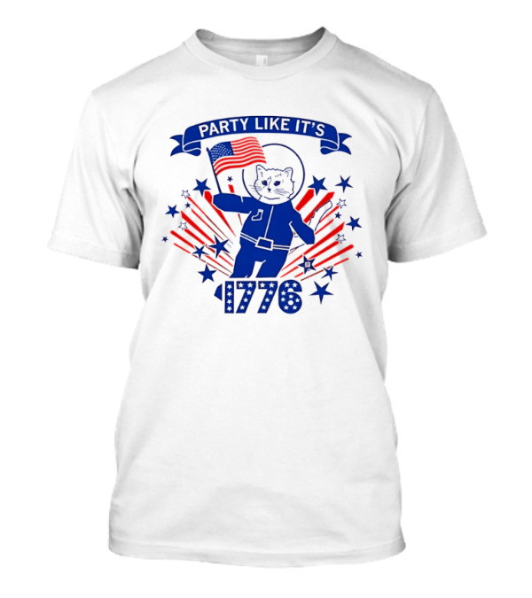 Party Like It's 1776 Cat Astronaut With Flag And Stars T-Shirt
