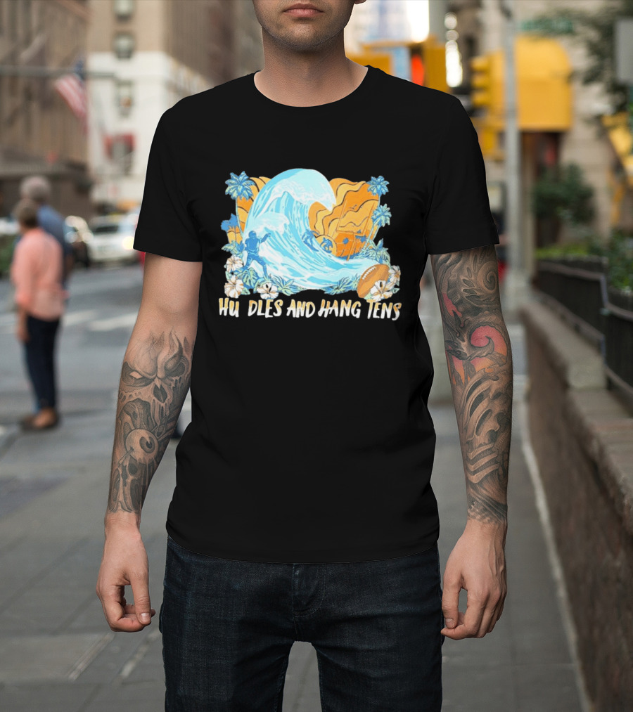 Los Angeles Chargers Tommy Bahama Huddle And Hang Tens Tropical Wave Football Scene T-Shirt