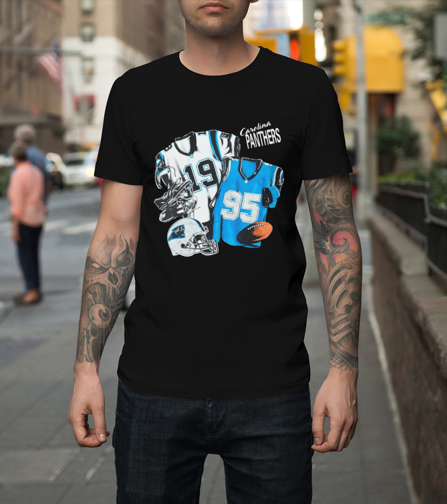 Carolina Panthers 19 95 Jerseys And Helmet With Football T-Shirt