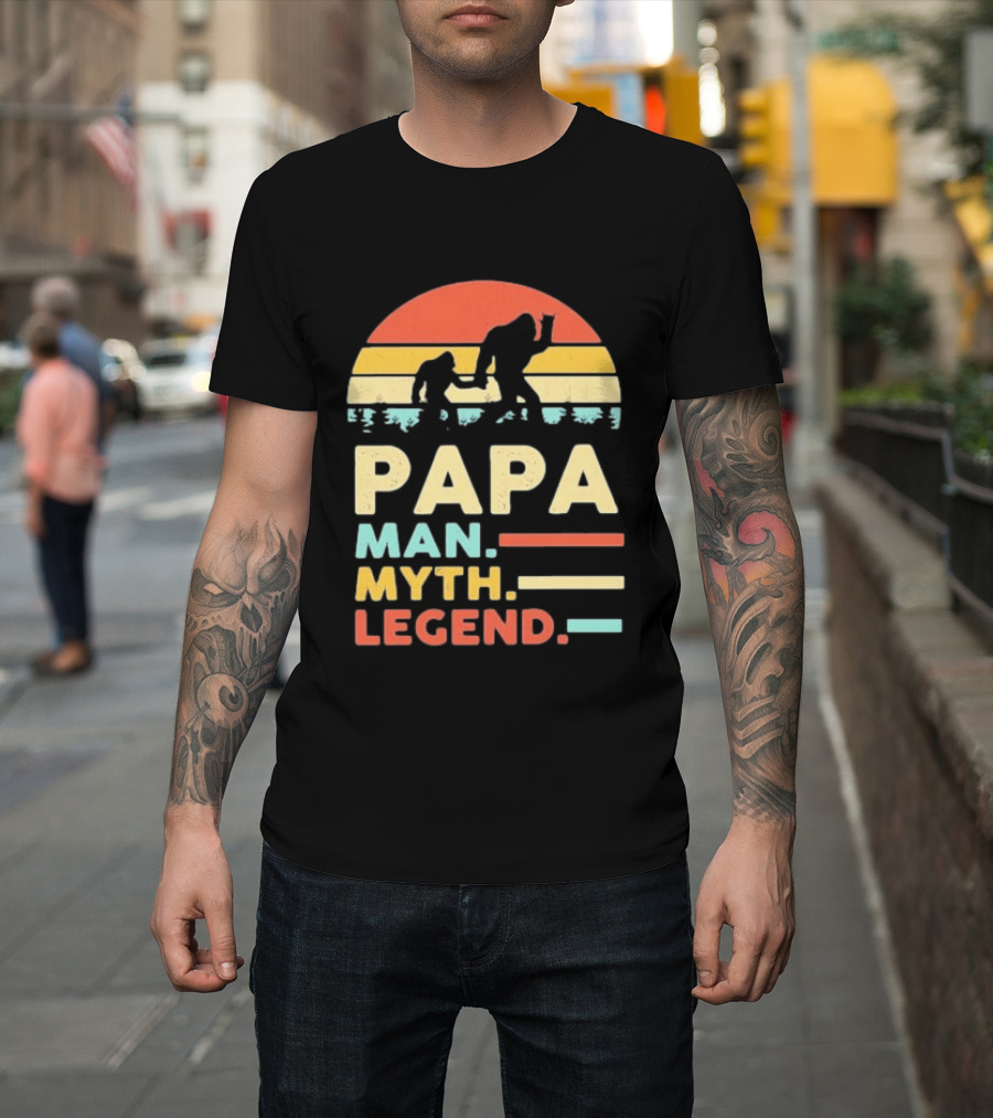Papa Man Myth Legend Bigfoot Retro Sunset T-Shirt