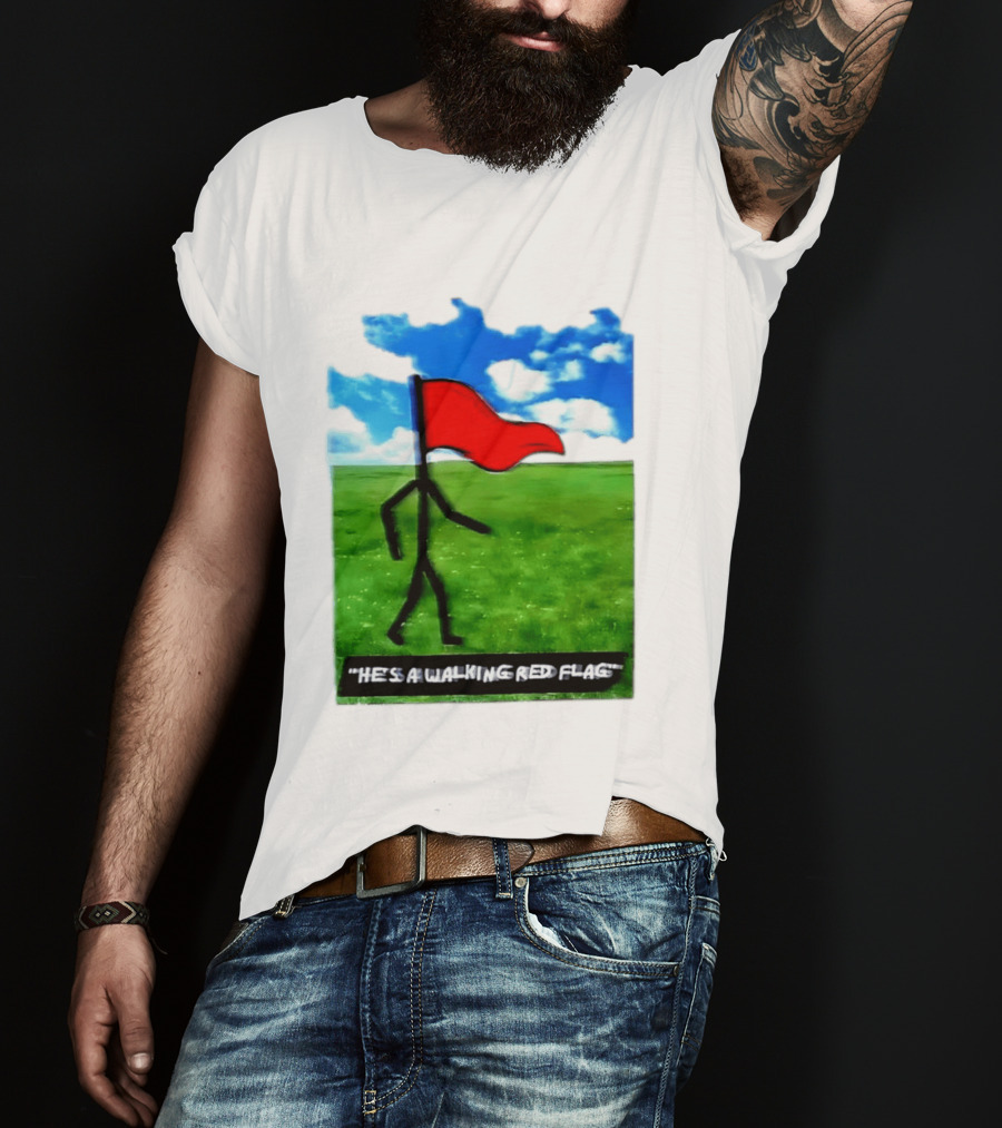 Stick Figure With Red Flag Walking In Field With Blue Sky T-Shirt