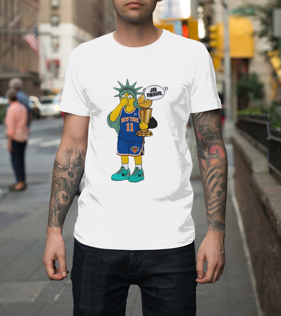 Statue Of Liberty Simpsons Jalen Brunson Hug Trophy New York Knicks Job Finished 2026 NBA Championship T-Shirt