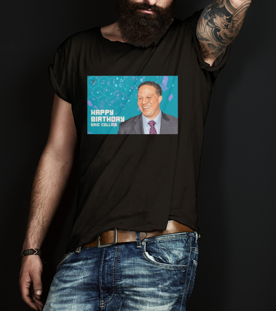 Happy 57th Birthday Eric Collins Celebration With Smiling Man And Turquoise Hexagonal T-Shirt
