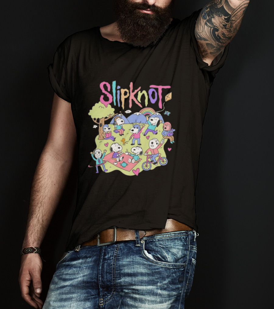 Snoopy Peanuts Characters Playing In Park With Slipknot T-Shirt