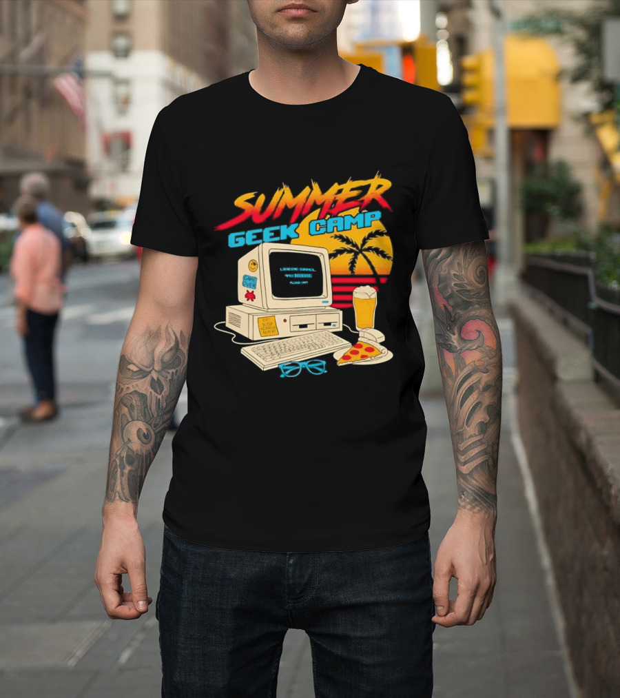 Summer Geek Camp Retro Computer Pizza And Palm Vibes T-Shirt