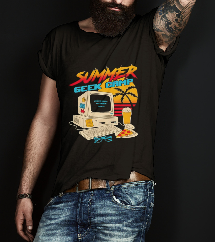 Summer Geek Camp Retro Computer Pizza And Palm Vibes T-Shirt
