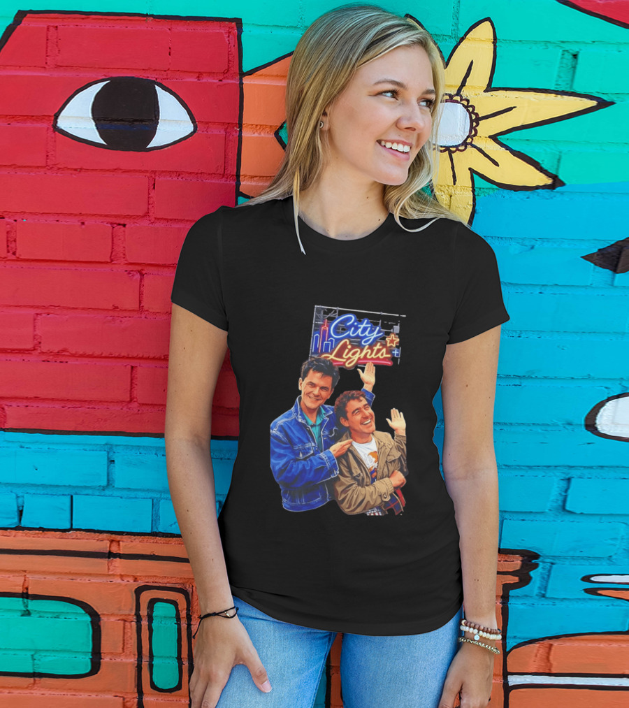 Two Men Smiling And Waving City Lights Neon Sign T-Shirt