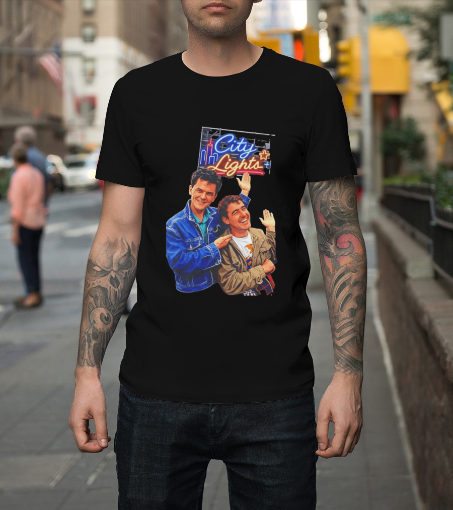 Two Men Smiling And Waving City Lights Neon Sign T-Shirt