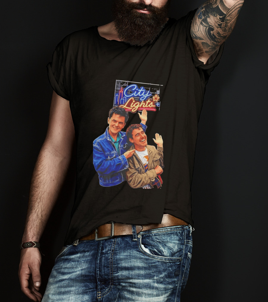 Two Men Smiling And Waving City Lights Neon Sign T-Shirt