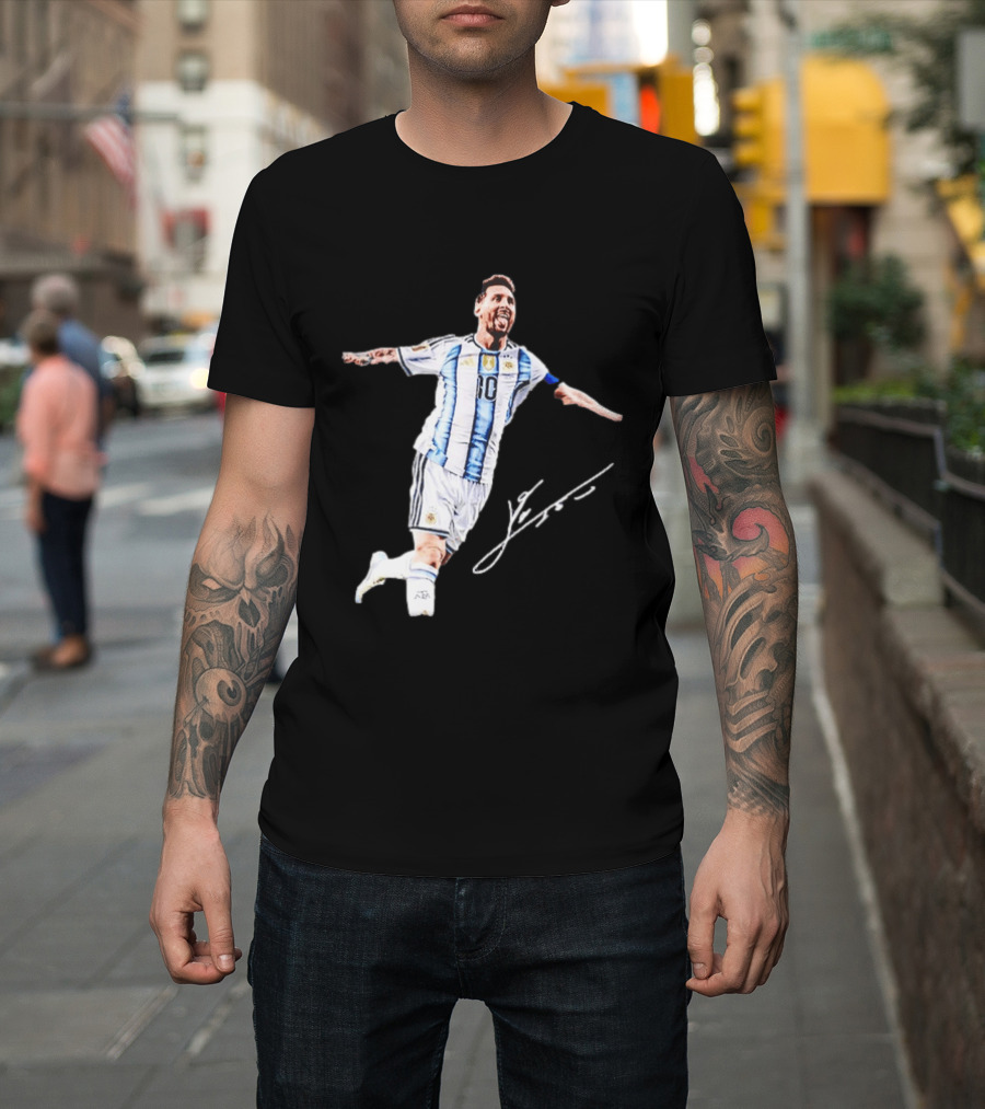 Lionel Messi 10 Argentina Jersey Signature Soccer Legend Celebration T-Shirt