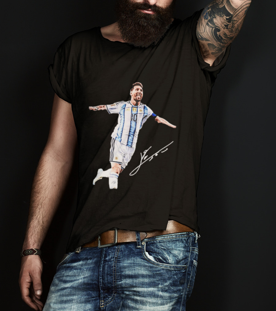 Lionel Messi 10 Argentina Jersey Signature Soccer Legend Celebration T-Shirt