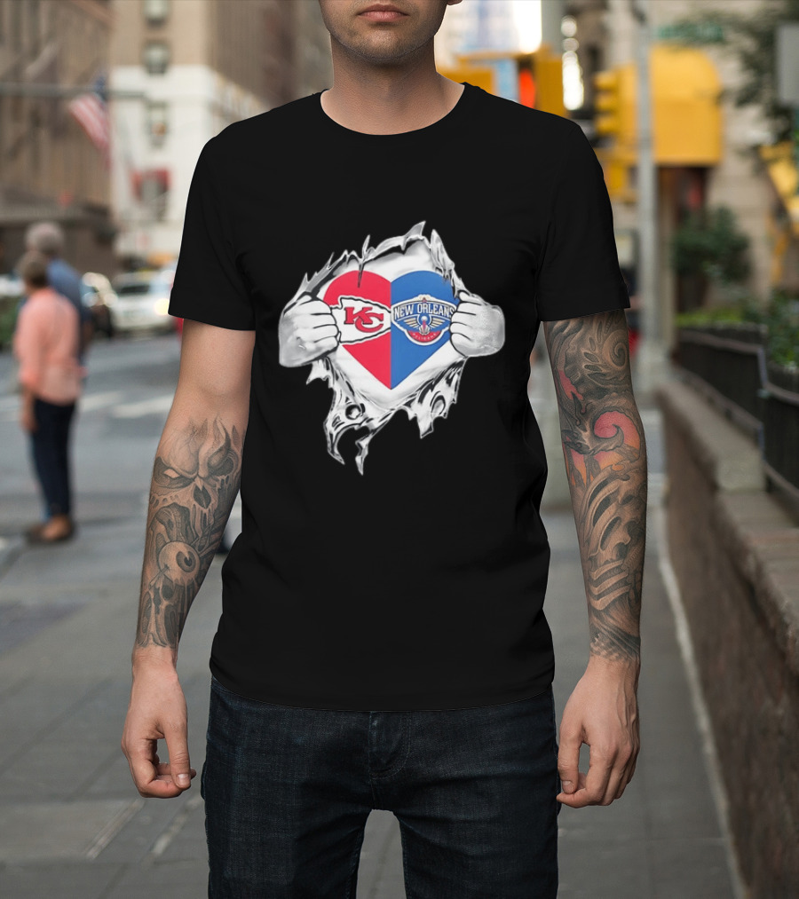 Kansas City Chiefs New Orleans Pelicans Heart Ripped Open T-Shirt