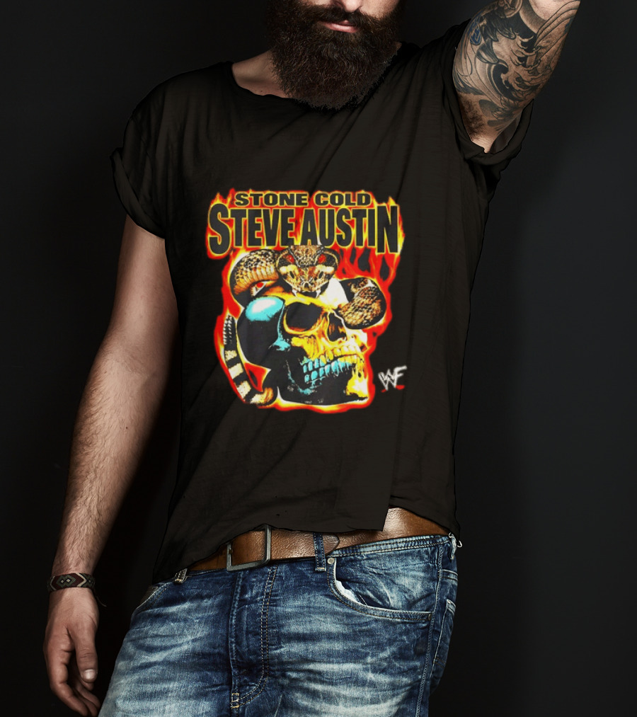 Stone Cold Steve Austin Flaming Skull Snake WWF T-Shirt